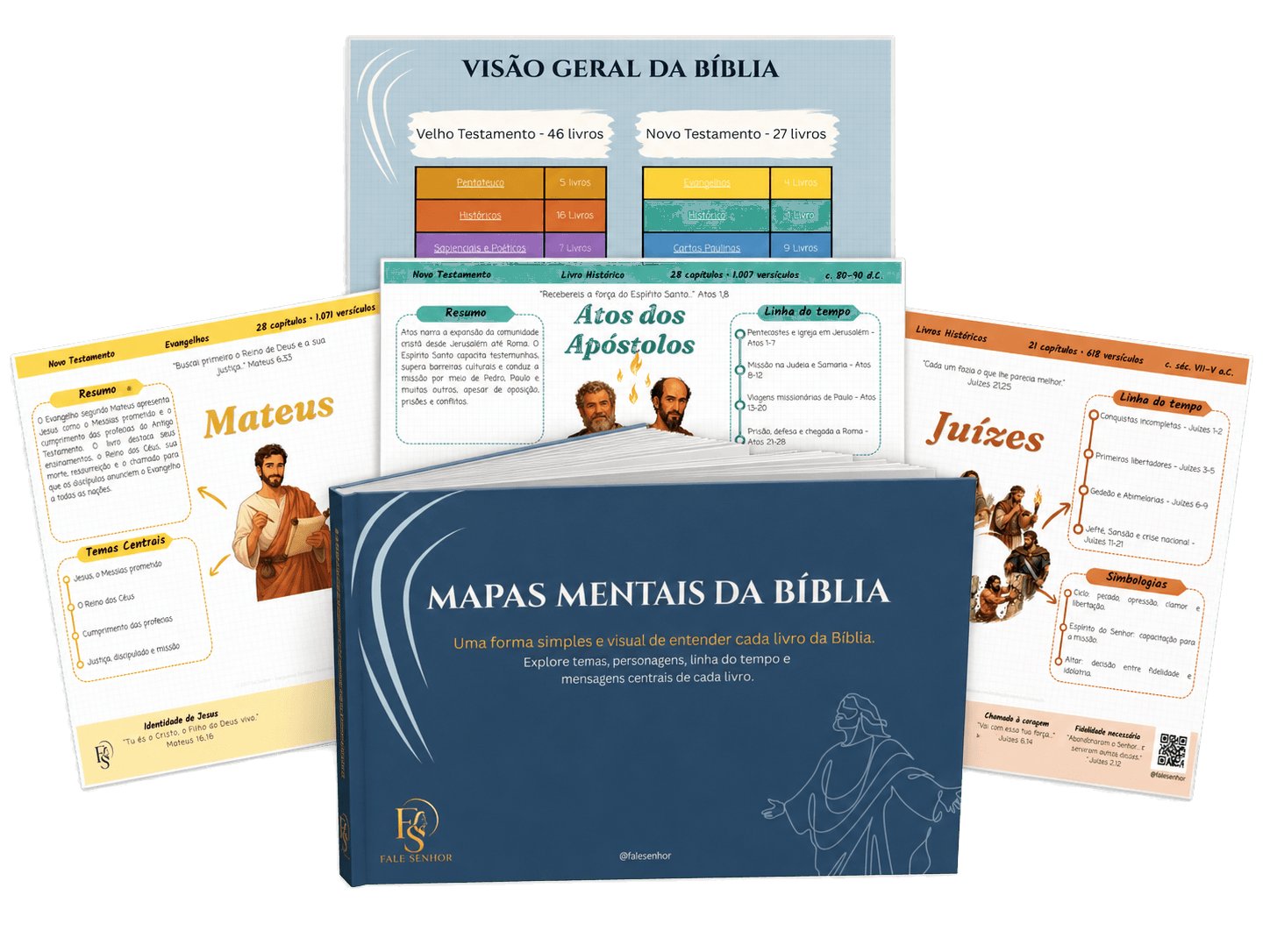 Colagem do produto Mapas Mentais da Bíblia com capa em destaque e mapas abertos